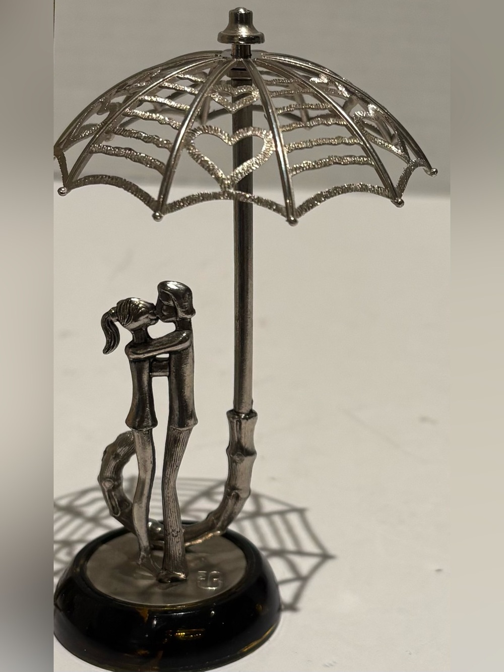 Vintage MB Signed Romantic Couple Kissing Under Heart Umbrella Metal Figurine